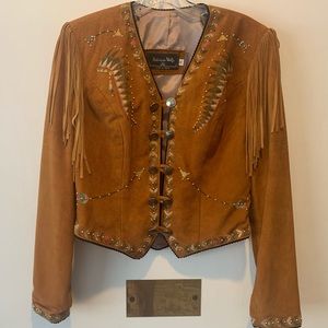 Patricia Wolf hand painted, suede jacket w/ fringe